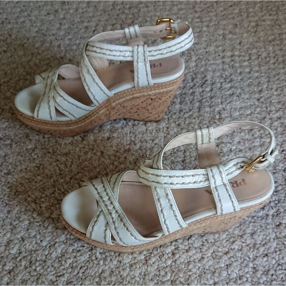 Prada White leather criss cross Wedges Sandals size 36.5 - Picture 2 of 16